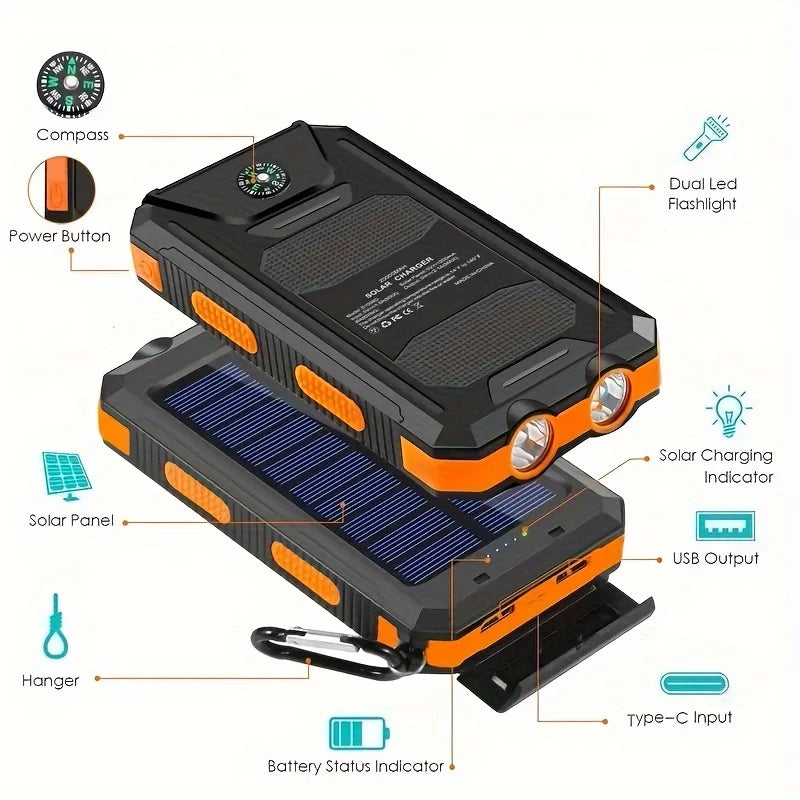 Solar Power Bank 200000mAh Portable Charging Poverbank External Battery Charger Strong Light LDE Light for All Smartphones