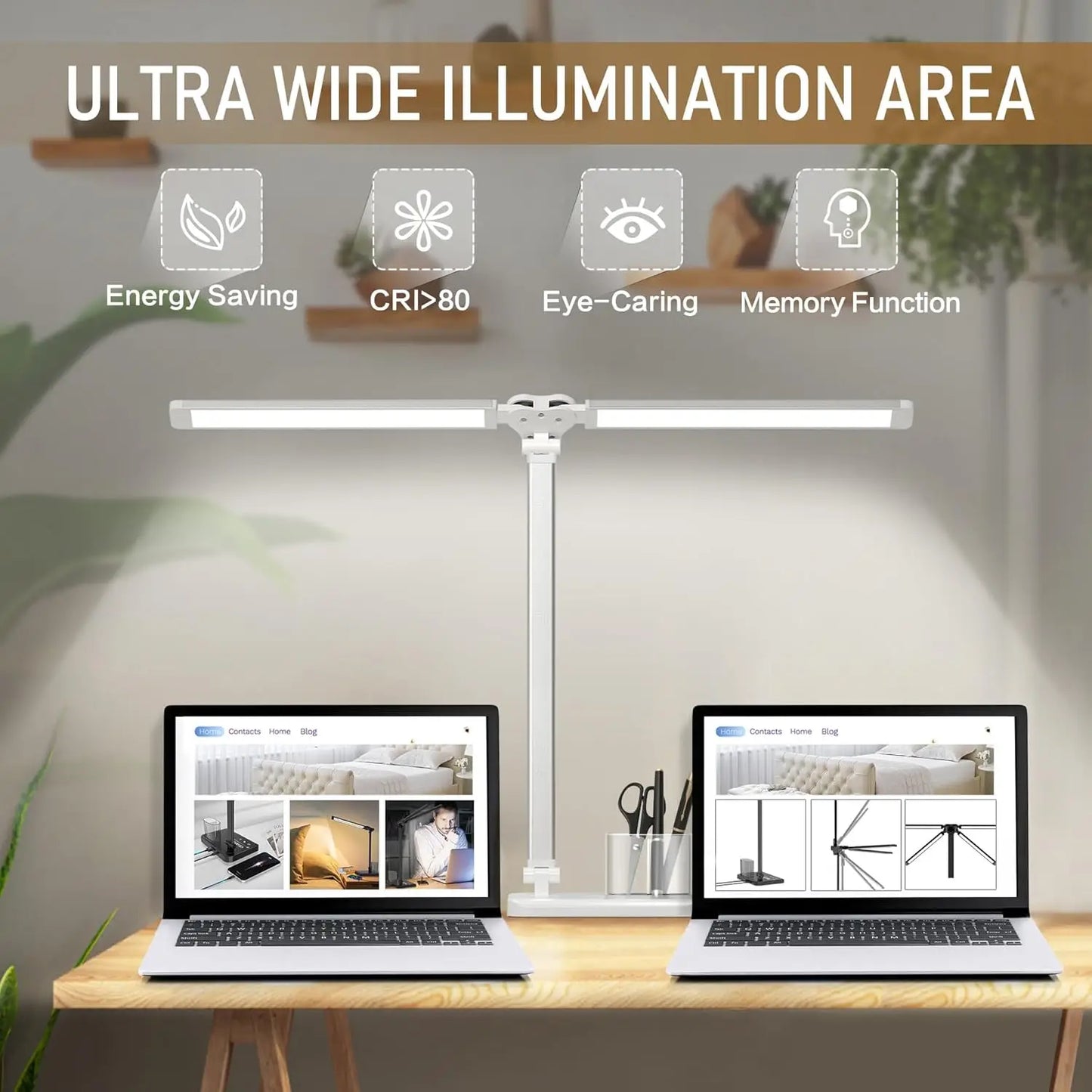 Dual Swing Arm LED Desk Lamps, Eye-Caring Desk Light with USB Charging Port, Auto Timer Table Lamp, Desk Lamp for Reading/Study