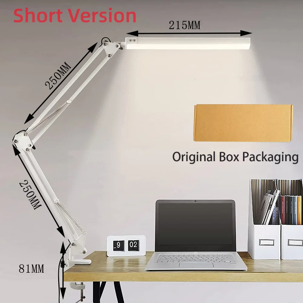 10W LED Desk Lamp with Clamp Swing Arm Eye-Caring Dimmable Desk Light 10 Brightness Levels 3 Modes USB Charging