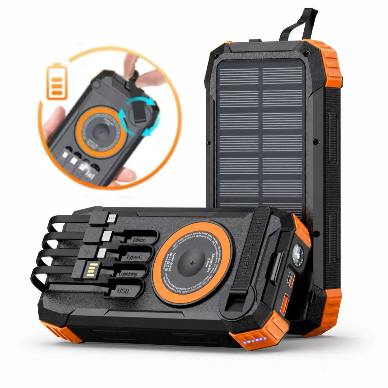 Solar Power Bank 100000mAh Wireless Fast Charging Portable Charger Built-in Cables LED Flashlight for Camping Travel Emergency