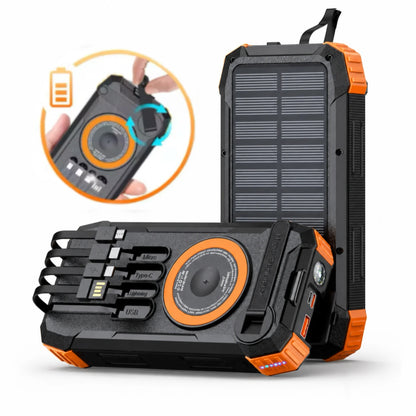 Solar Power Bank 100000mAh Wireless Fast Charging Portable Charger Built-in Cables LED Flashlight for Camping Travel Emergency