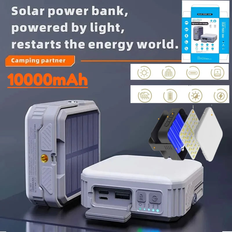 Solar Power Bank 10000mAh Powerbank Portable Charger External Battery Bracket Camping Tent Light Emergency Power Supply