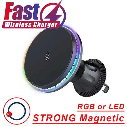 Magnetic Car Wireless Charger – RGB/LED Phone Holder for iPhone
