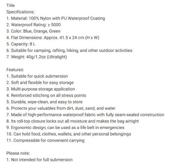 Dry storage bags for rowing, kayaking, and canoeing, 8L, 40L, 70L, waterproof non-water-filled bags, suitable for outdoor travel
