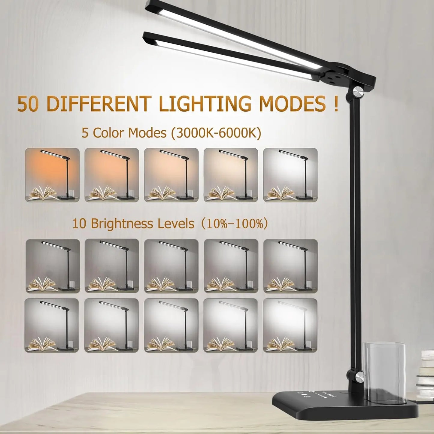 Dual Swing Arm LED Desk Lamps, Eye-Caring Desk Light with USB Charging Port, Auto Timer Table Lamp, Desk Lamp for Reading/Study