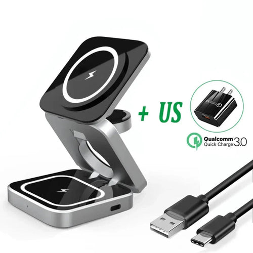 Foldable 3-in-1 Wireless Charging Stand – Phone, Earbuds & Smartwatch Charger