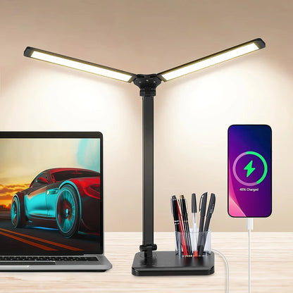Dual Swing Arm LED Desk Lamps, Eye-Caring Desk Light with USB Charging Port, Auto Timer Table Lamp, Desk Lamp for Reading/Study