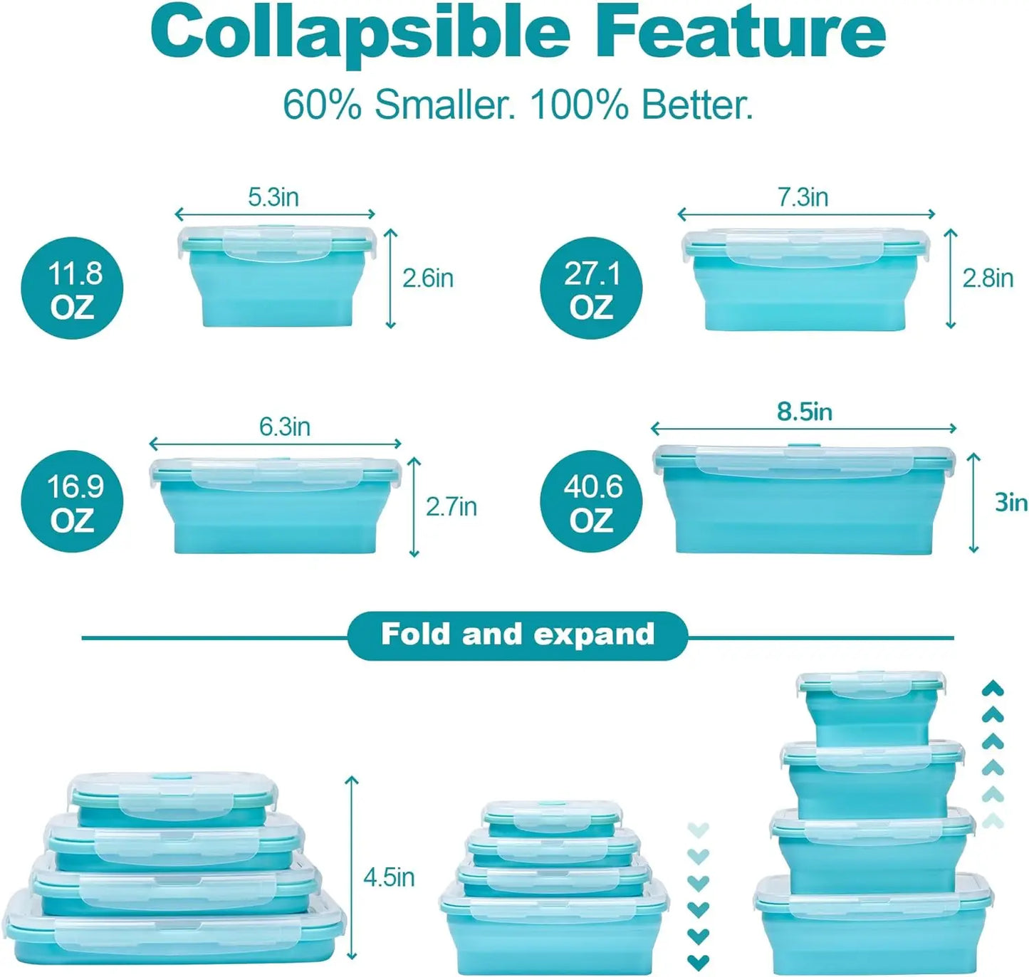 Collapsible Food Storage Containers with Lids & Vent, 11.8 oz, Kitchen Stacking Silicone Collapsible Meal Prep Container Set for