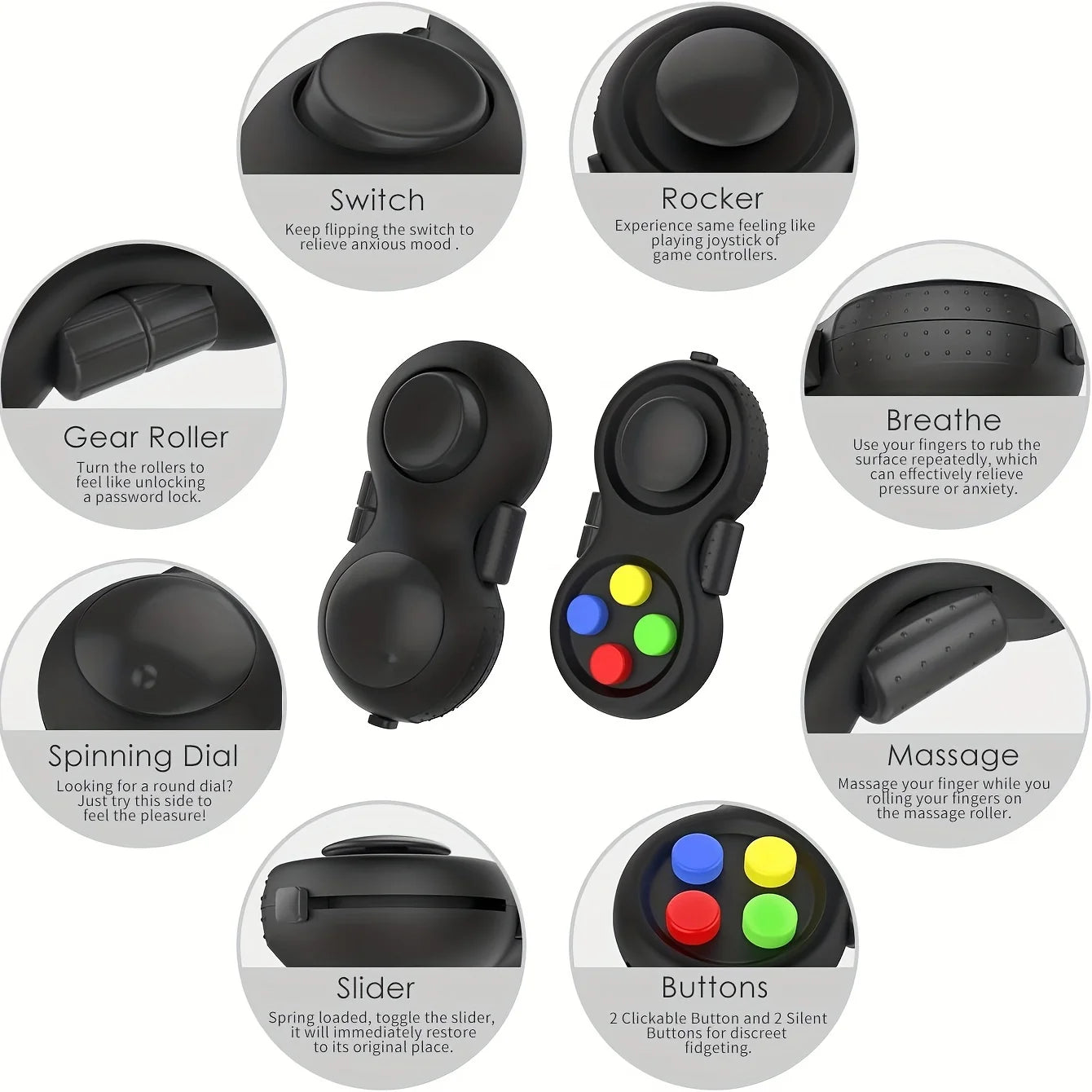 Fidget Pad with 8 Fidget Functions, Fidget Controller Stress Reducer, Fidget Toy Cube Relieves Stress and Anxiety Relief Toys
