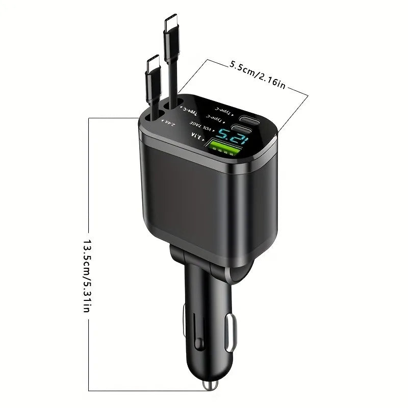 Car Charger with Retractable Cables, Three Charging Ports, Supports Up to 5 Devices Simultaneously, Smart Fast Charging Base
