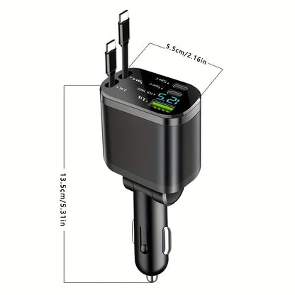 Car Charger with Retractable Cables, Three Charging Ports, Supports Up to 5 Devices Simultaneously, Smart Fast Charging Base