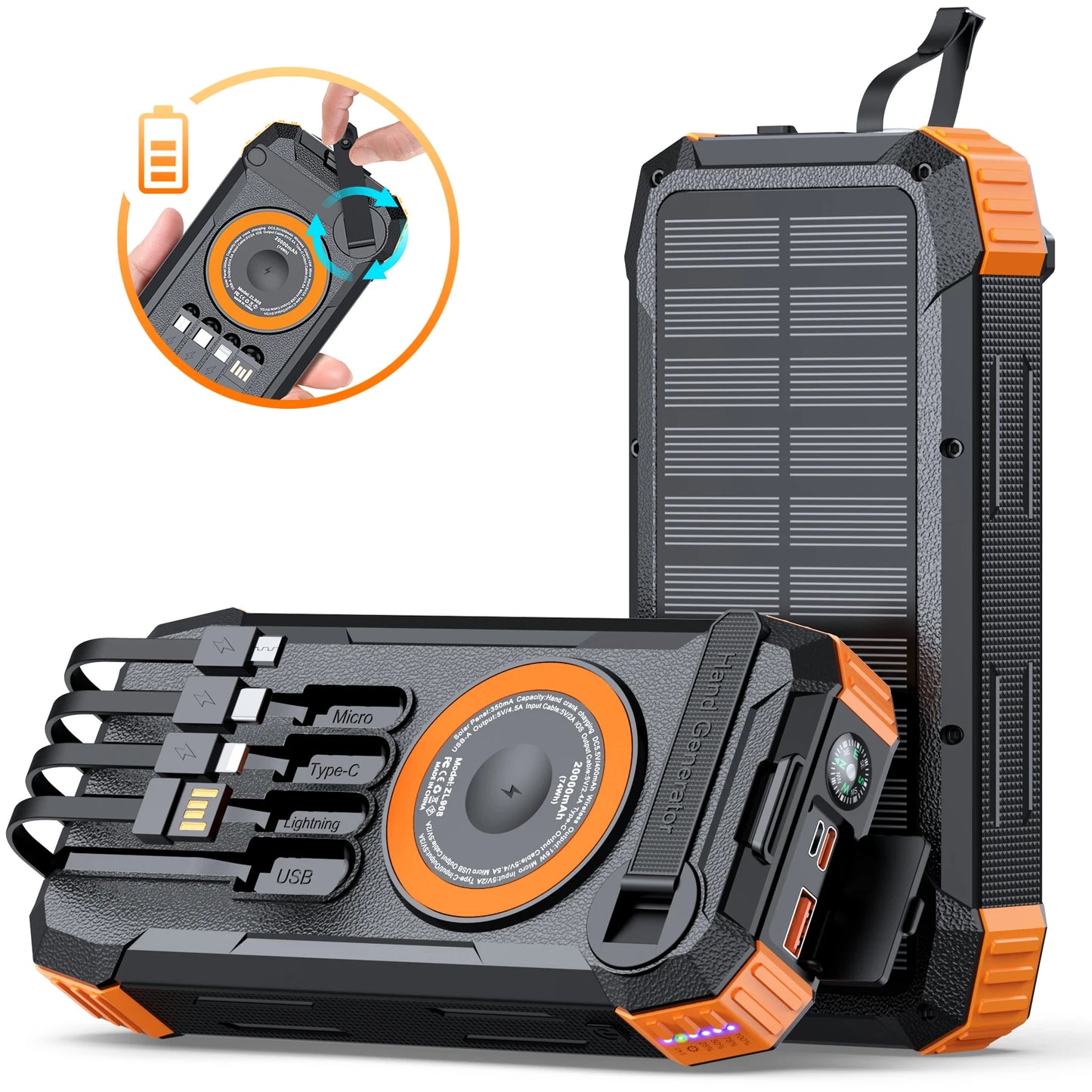50000mAh Solar Power Bank Hand Crank Generator, Portable Outdoor Emergency Charger with 4 Built-in Cables, Dual LED Flashlight