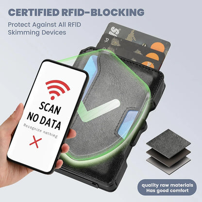 Aluminum Pop Up Card Case and Leather Slots Credit Card Holder RFID Blocking Wallet for Men with Gift Box
