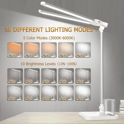 Dual Swing Arm LED Desk Lamps, Eye-Caring Desk Light with USB Charging Port, Auto Timer Table Lamp, Desk Lamp for Reading/Study