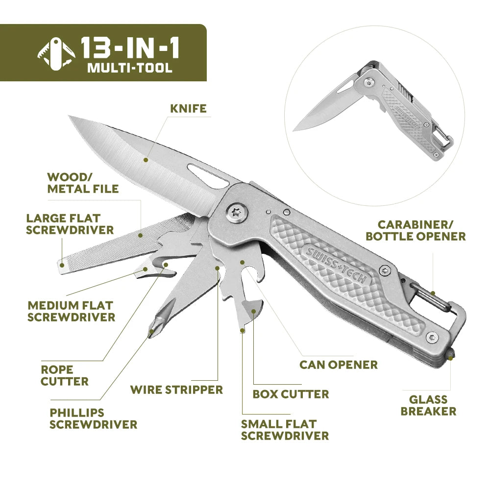SWISS TECH 13 In 1 Protable Multitool Folding Knife Pocket EDC Tools Screwdriver Outdoor Survival Hiking Fishing Camping Knives