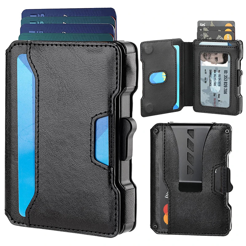 Aluminum Pop Up Card Case and Leather Slots Credit Card Holder RFID Blocking Wallet for Men with Gift Box