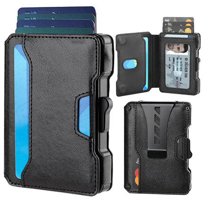 Aluminum Pop Up Card Case and Leather Slots Credit Card Holder RFID Blocking Wallet for Men with Gift Box