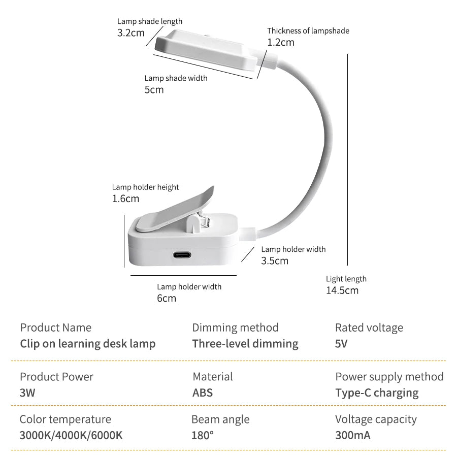 LED USB charging desk lamp with Clip Eye Protection Portable Book Light 3 Colors Night Light Student Bedside Study Reading Lamp
