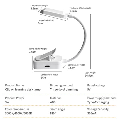 LED USB charging desk lamp with Clip Eye Protection Portable Book Light 3 Colors Night Light Student Bedside Study Reading Lamp