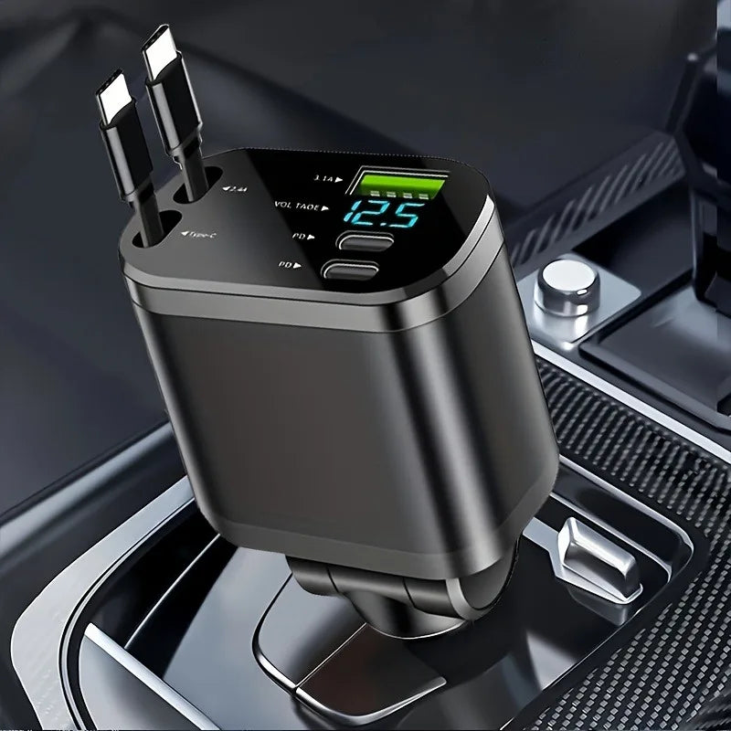 Car Charger with Retractable Cables, Three Charging Ports, Supports Up to 5 Devices Simultaneously, Smart Fast Charging Base