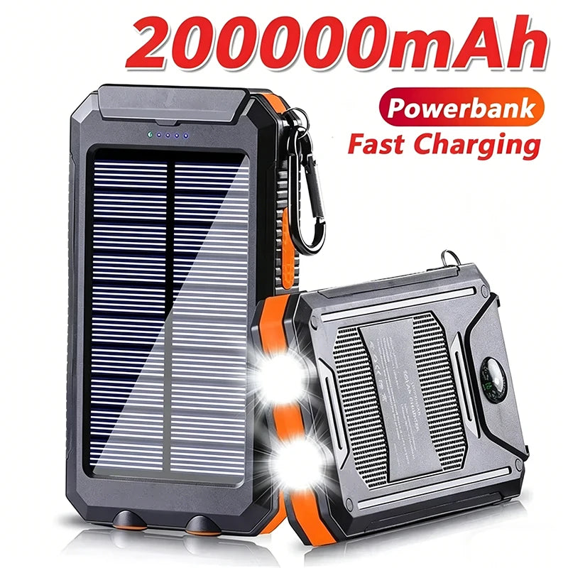Solar Power Bank 200000mAh Portable Charging Poverbank External Battery Charger Strong Light LDE Light for All Smartphones
