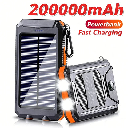 Solar Power Bank 200000mAh Portable Charging Poverbank External Battery Charger Strong Light LDE Light for All Smartphones