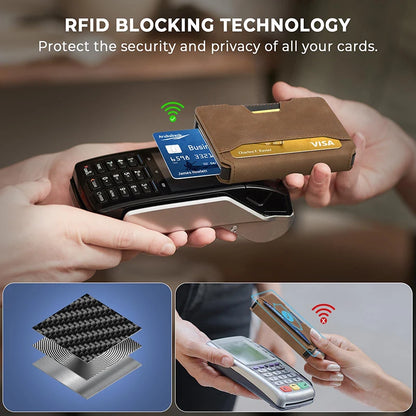 Aluminum Pop Up Card Case and Leather Slots Credit Card Holder RFID Blocking Wallet for Men with Gift Box