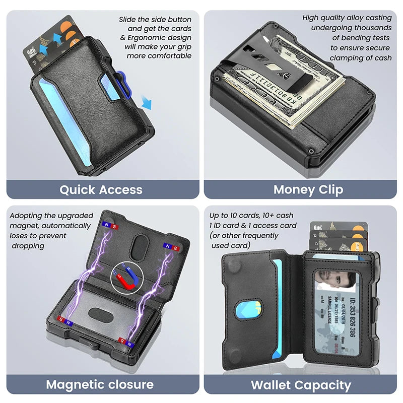 Aluminum Pop Up Card Case and Leather Slots Credit Card Holder RFID Blocking Wallet for Men with Gift Box