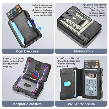 Aluminum Pop Up Card Case and Leather Slots Credit Card Holder RFID Blocking Wallet for Men with Gift Box