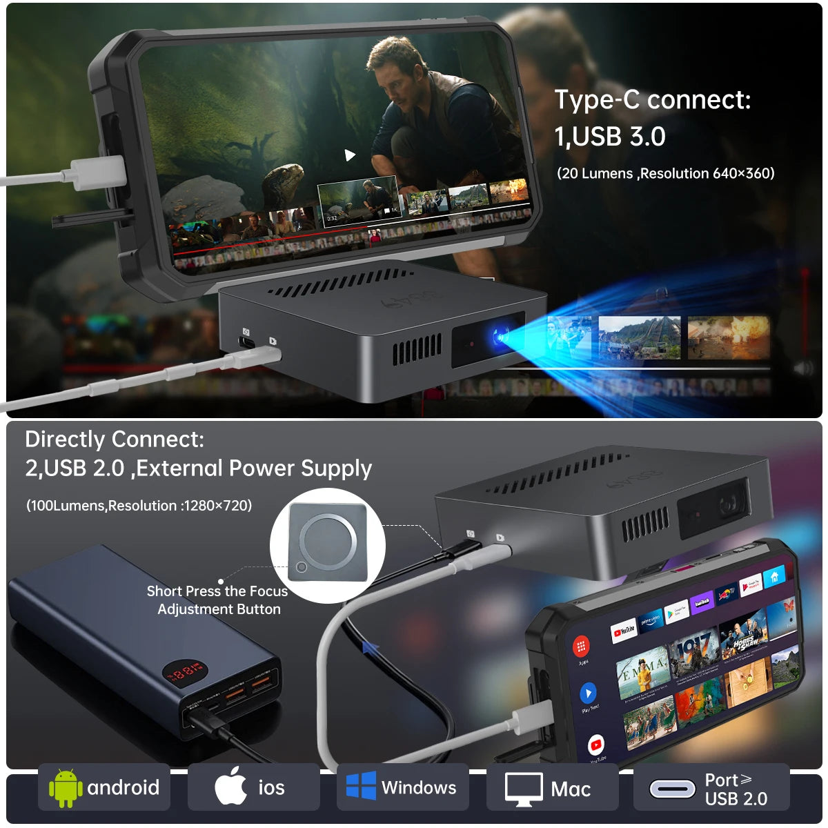 8849 MARS Mini Projector Portable DLP Projector Pocket Size Auto Focus & Key Compatible for Laptop, PC, Smartphone