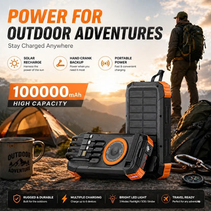 Solar Power Bank 100000mAh Wireless Fast Charging Portable Charger Built-in Cables LED Flashlight for Camping Travel Emergency