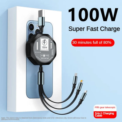 3 In 1 Retractable USB 100W Cable Fast Charging And Data Micro USB Type C For iphone6-14 Android Phone Xiaomi Huawei OPPO
