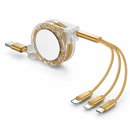 Retractable 3-in-1 charging cable with USB-C Lightning and Micro USB connectors
