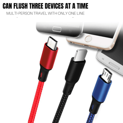 3-in-1 Nylon Braided Charging Cable – USB-C, Lightning & Micro USB Fast Charge