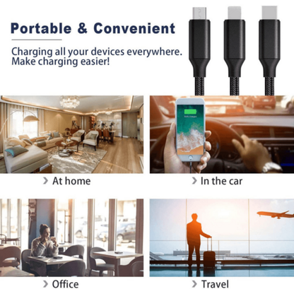 3-in-1 Nylon Braided Charging Cable – USB-C, Lightning & Micro USB Fast Charge