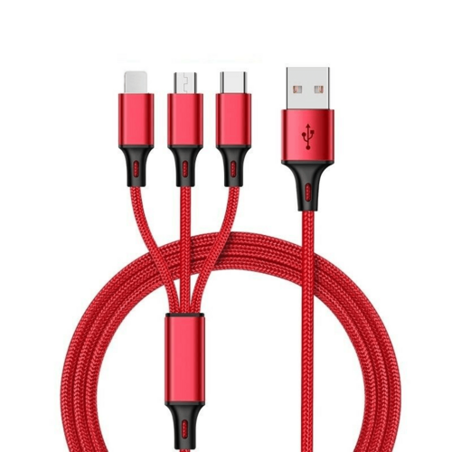 3-in-1 Nylon Braided Charging Cable – USB-C, Lightning & Micro USB Fast Charge